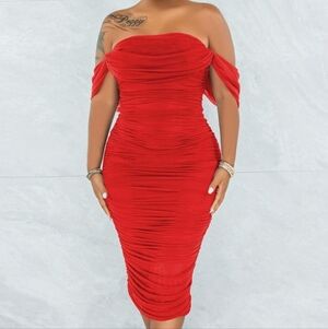 Women Ruched Off Shoulder Dress Bodycon Party Elegant Midi Dresses